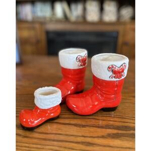 Vtg Santa Cowboy Set Boots Christmas Decor Candy Holder